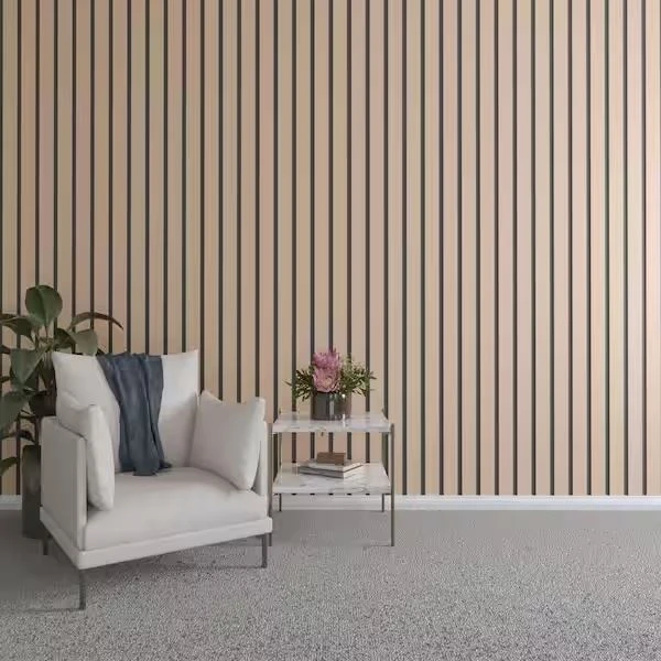 PS polystyrene grille wall panels installed in modern living room as accent wall feature showing vertical fluted grille pattern in wood-grain finish with warm ambient lighting and minimalist interior decor demonstrating textured wall surface aesthetic PS polystyrene grille wall panels installed in modern living room as accent wall feature showing vertical fluted grille pattern in wood-grain finish with warm ambient lighting and minimalist interior decor demonstrating textured wall surface aesthetic