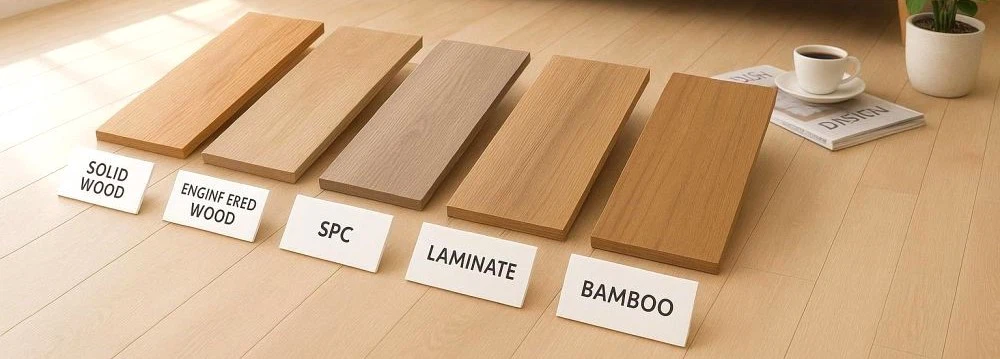 SPC flooring vs laminate flooring vs solid wood flooring comparison - three flooring samples side by side for home renovation selection SPC flooring vs laminate flooring vs solid wood flooring comparison - three flooring samples side by side for home renovation selection