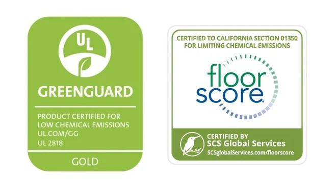 FloorScore and GREENGUARD Gold certifications for SPC flooring indoor air quality FloorScore and GREENGUARD Gold certification logos - SPC flooring meets the highest indoor air quality standards verified by third-party VOC emission testing