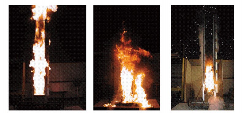 Fire resistance test laboratory setup with PVC building material samples undergoing flame spread and smoke density evaluation according to ASTM E84 Steiner tunnel test standards for commercial and residential construction material fire safety certification and building code compliance Fire resistance test laboratory setup with PVC building material samples undergoing flame spread and smoke density evaluation according to ASTM E84 Steiner tunnel test standards for commercial and residential construction material fire safety certification and building code compliance