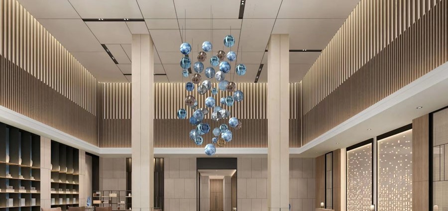 Modern interior ceiling finished with PVC wood grain panels showing seamless tongue and groove installation with integrated LED lighting in hotel lobby application Modern interior ceiling finished with PVC wood grain panels showing seamless tongue and groove installation with integrated LED lighting in hotel lobby application
