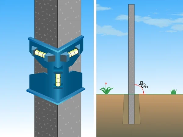 During installation, the vertical alignment of the PVC fence post is checked. During installation, the vertical alignment of the PVC fence post is checked.