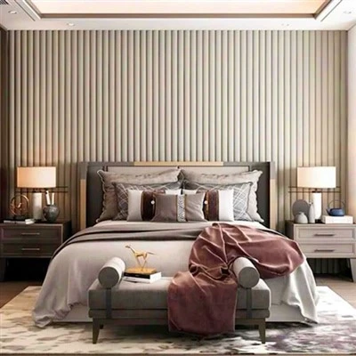 PS wall panels installed in a living room with vertical flutes running plumb from floor to ceiling PS wall panels installed in a living room with vertical flutes running plumb from floor to ceiling